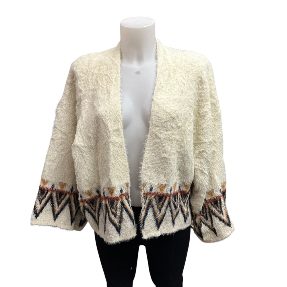 Anthropologie Flynn Open Front‎ Cropped Kimono Cardigan Fuzzy Aztec Print sz S-M